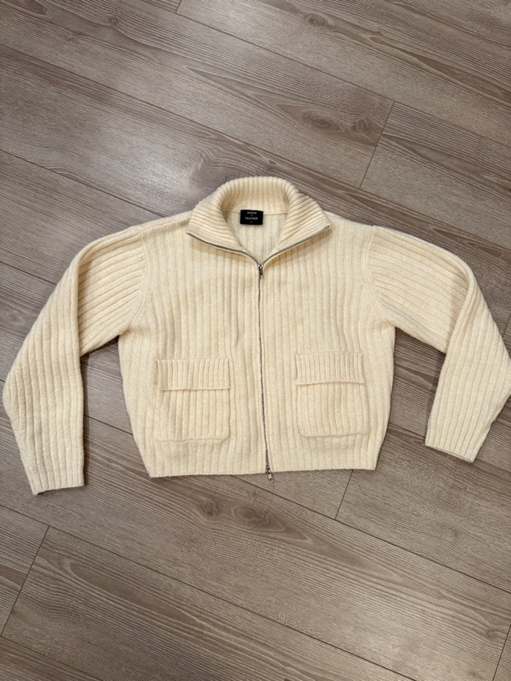 Stitch and Feather Zip-Up Ribbed Cream Cardigan